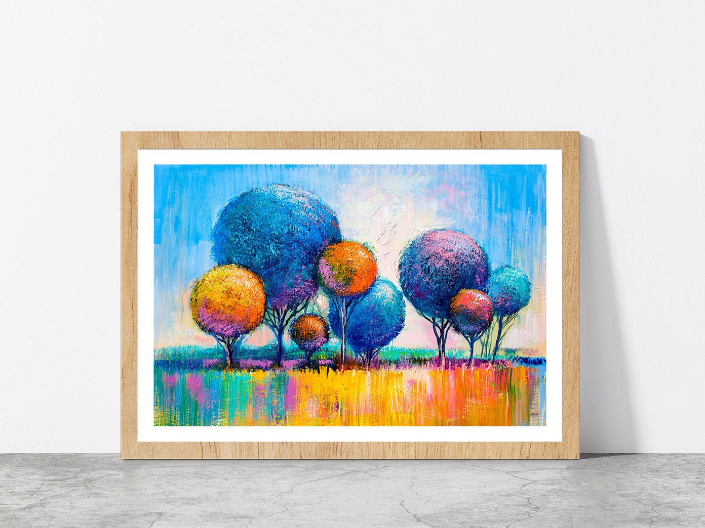 Multicolor Trees Glass Framed Wall Art, Ready to Hang Quality Print With White Border Oak