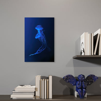 Neon Blue Jellyfish Deep Sea Glow 40x60cm Metal Print Ready to Hang