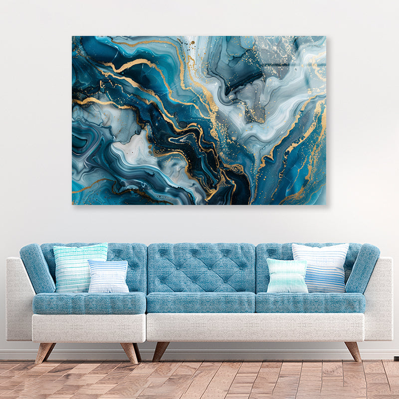 Close-Up Of a Sea Blue Agate Marble Pattern with Golden Veins Acrylic Glass Print Tempered Glass Wall Art 100% Made in Australia Ready to Hang