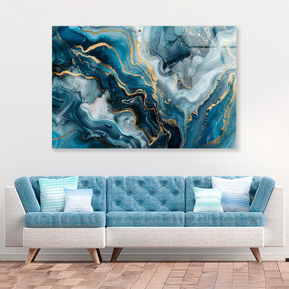 Close-Up Of a Sea Blue Agate Marble Pattern with Golden Veins Acrylic Glass Print Tempered Glass Wall Art 100% Made in Australia Ready to Hang
