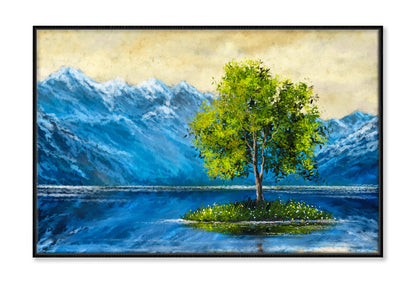 Alone Tree on Lake & Mountains Oil Painting Wall Art Limited Edition High Quality Print Canvas Box Framed Black