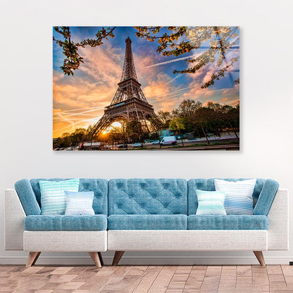 Eiffel Tower Against Sunrise in Paris, France Acrylic Glass Print Tempered Glass Wall Art 100% Made in Australia Ready to Hang