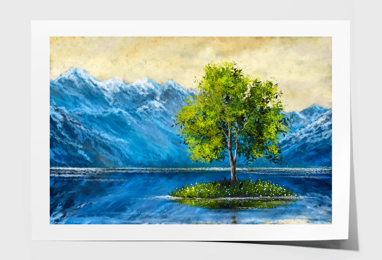 Alone Tree on Lake & Mountains Oil Painting Wall Art Limited Edition High Quality Print Unframed Roll Canvas None