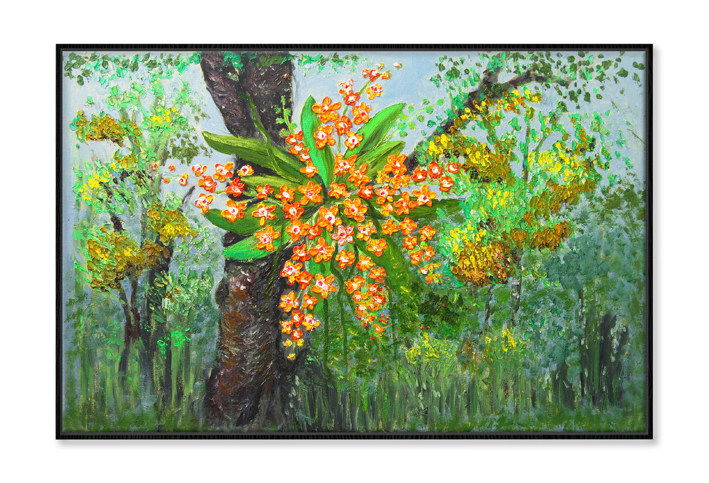 Orange Orchids on Tree Trunk Oil Painting Wall Art Limited Edition High Quality Print Canvas Box Framed Black