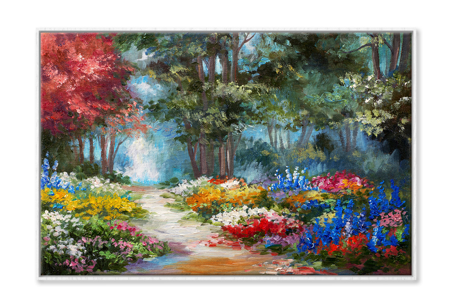 Colorful Forest & Flowers Pathway Oil Painting Wall Art Limited Edition High Quality Print Canvas Box Framed White