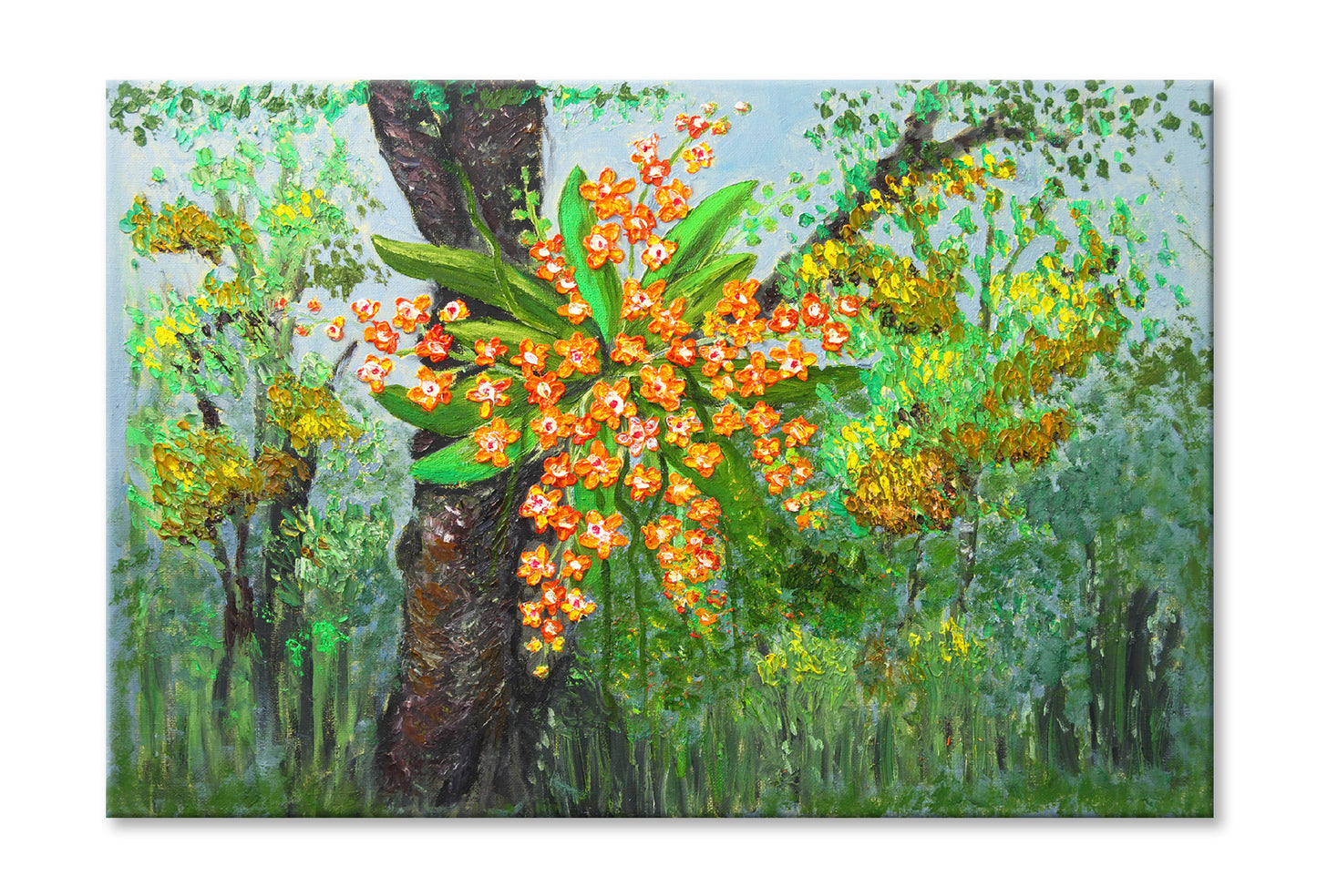 Orange Orchids on Tree Trunk Oil Painting Wall Art Limited Edition High Quality Print Stretched Canvas None