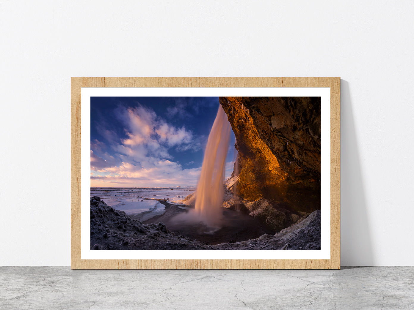 Sunset In Cave Behind Waterfall Glass Framed Wall Art, Ready to Hang Quality Print With White Border Oak