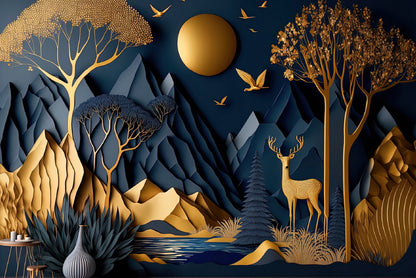 Mountains, Deer, Birds, Trees Painting Home Decor Premium Quality Poster Print Choose Your Sizes