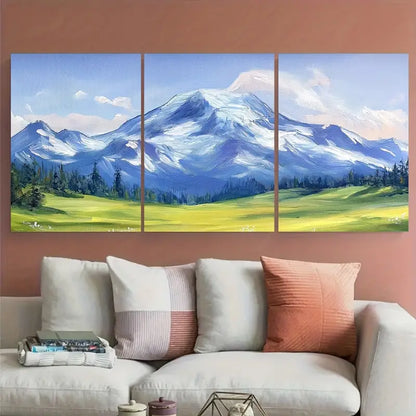 3pcs Green Meadows Snow White Peaks Metal Print Ready to Hang Art