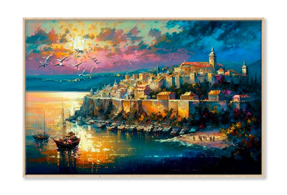 Big Old City Illustration Oil Painting Wall Art Limited Edition High Quality Print Canvas Box Framed Natural