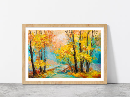 Yellow Trees With Autumn Forest Glass Framed Wall Art, Ready to Hang Quality Print With White Border Oak