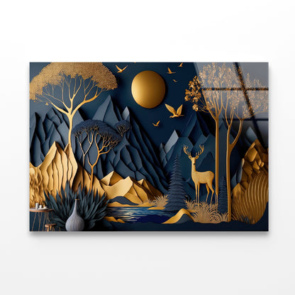 Mountains, Deer, Birds, Trees Painting Acrylic Glass Print Tempered Glass Wall Art 100% Made in Australia Ready to Hang