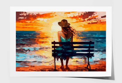 Girl sit On Bench Abstract Oil Painting Wall Art Limited Edition High Quality Print