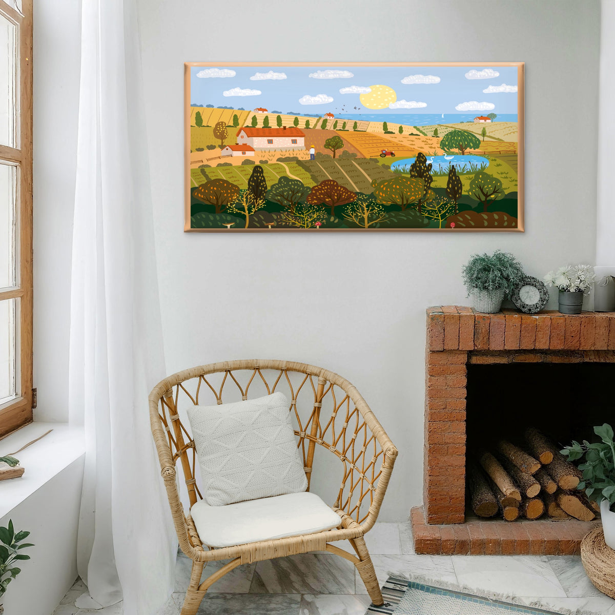 Hand Drawn Farm Landscape Wall Art Canvas Office Home Room Framed 120x60cm