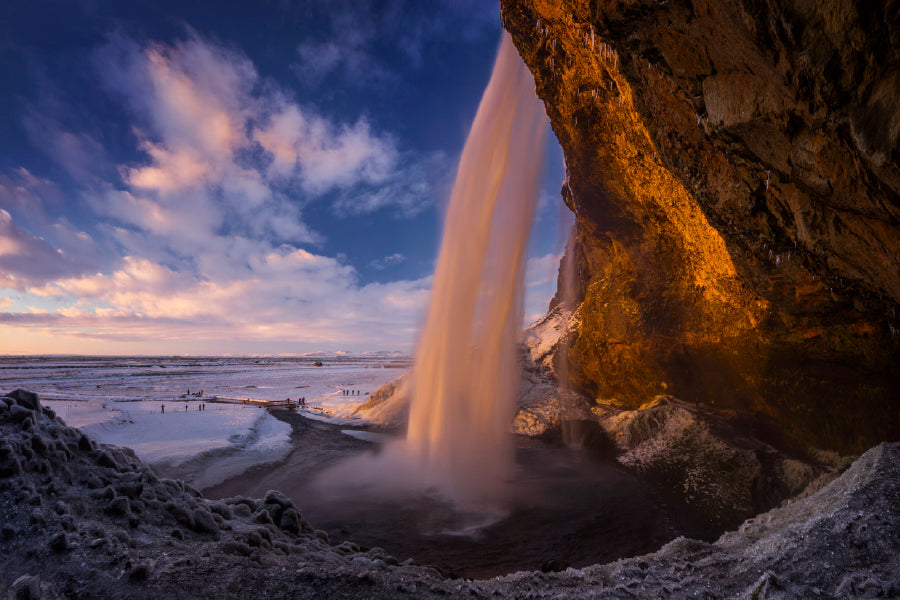 Sunset In Cave Behind Waterfall Glass Framed Wall Art, Ready to Hang Quality Print