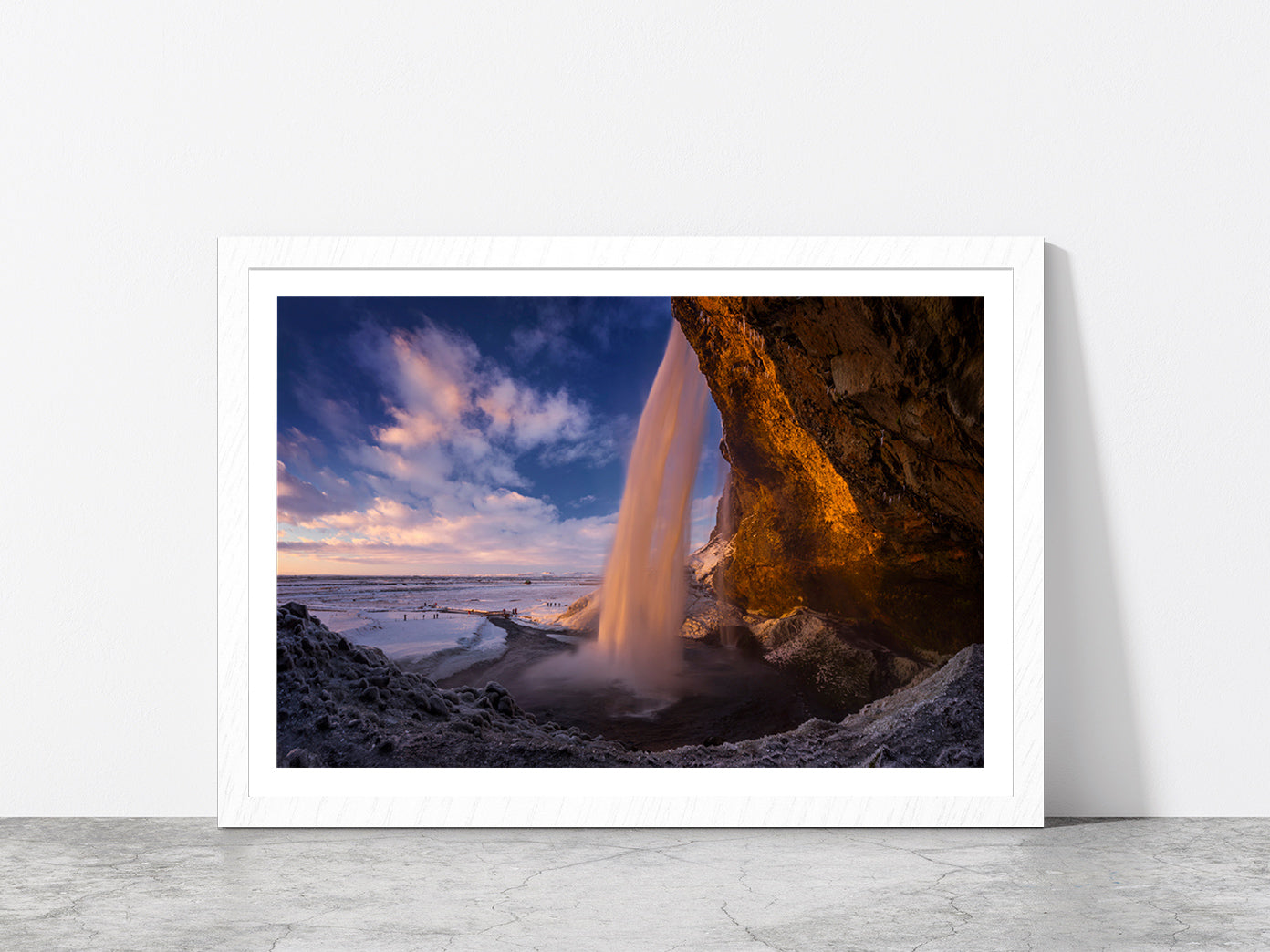 Sunset In Cave Behind Waterfall Glass Framed Wall Art, Ready to Hang Quality Print With White Border White