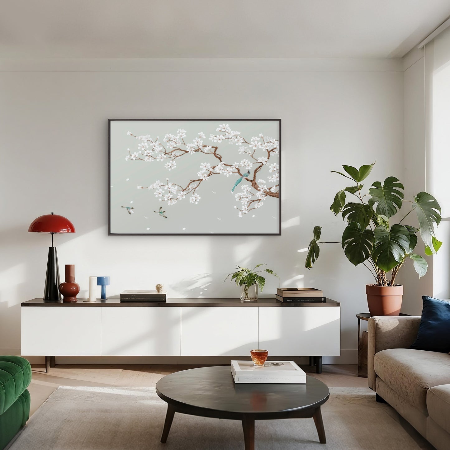 Chinoiserie Style Blooming Magnolia Tree Branch and Songbirds Wall Art Decor 100% Australian Made