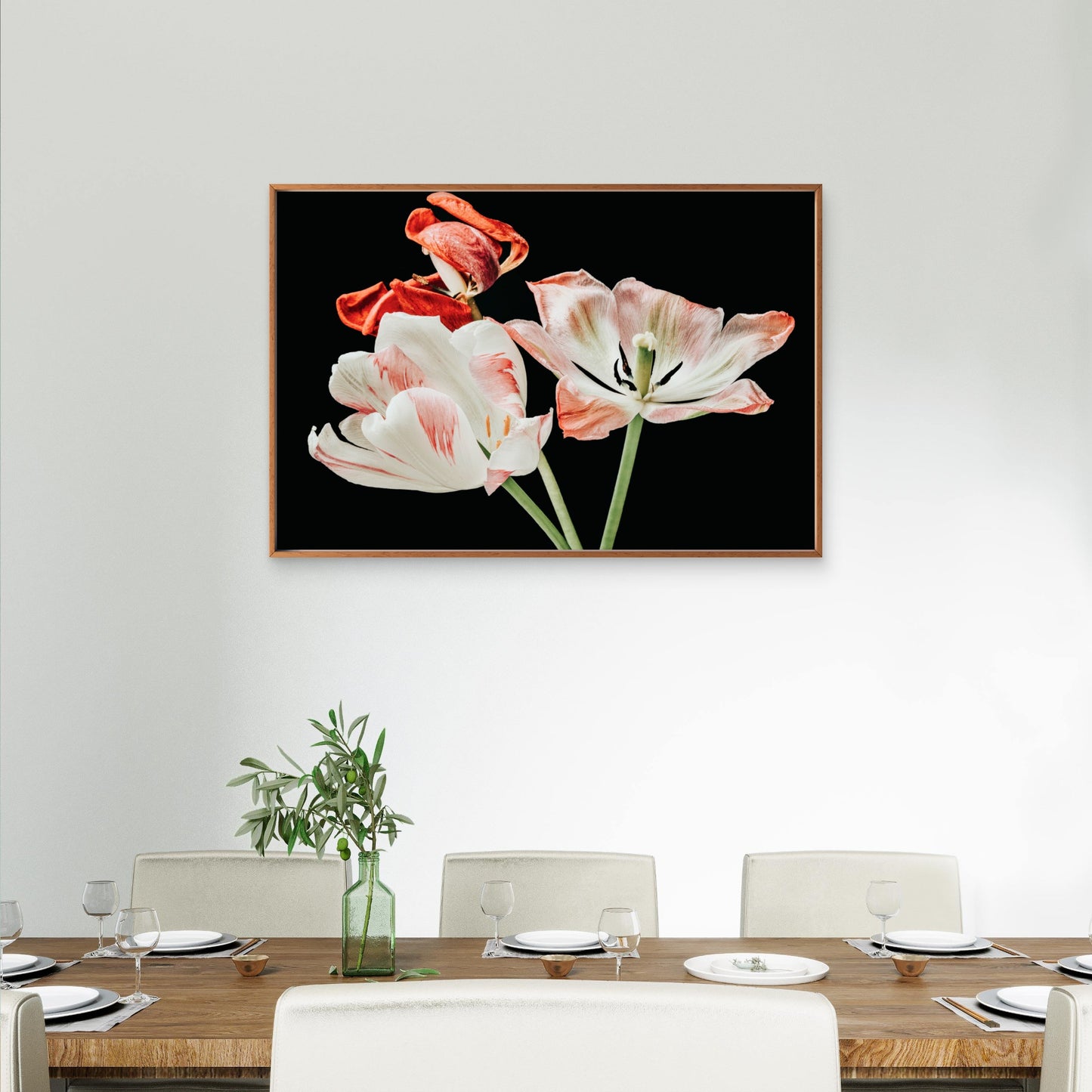 Botanical White and Red Fading Tulip Blossoms Wall Art Decor 100% Australian Made