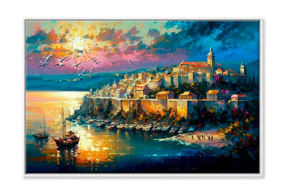 Big Old City Illustration Oil Painting Wall Art Limited Edition High Quality Print Canvas Box Framed White