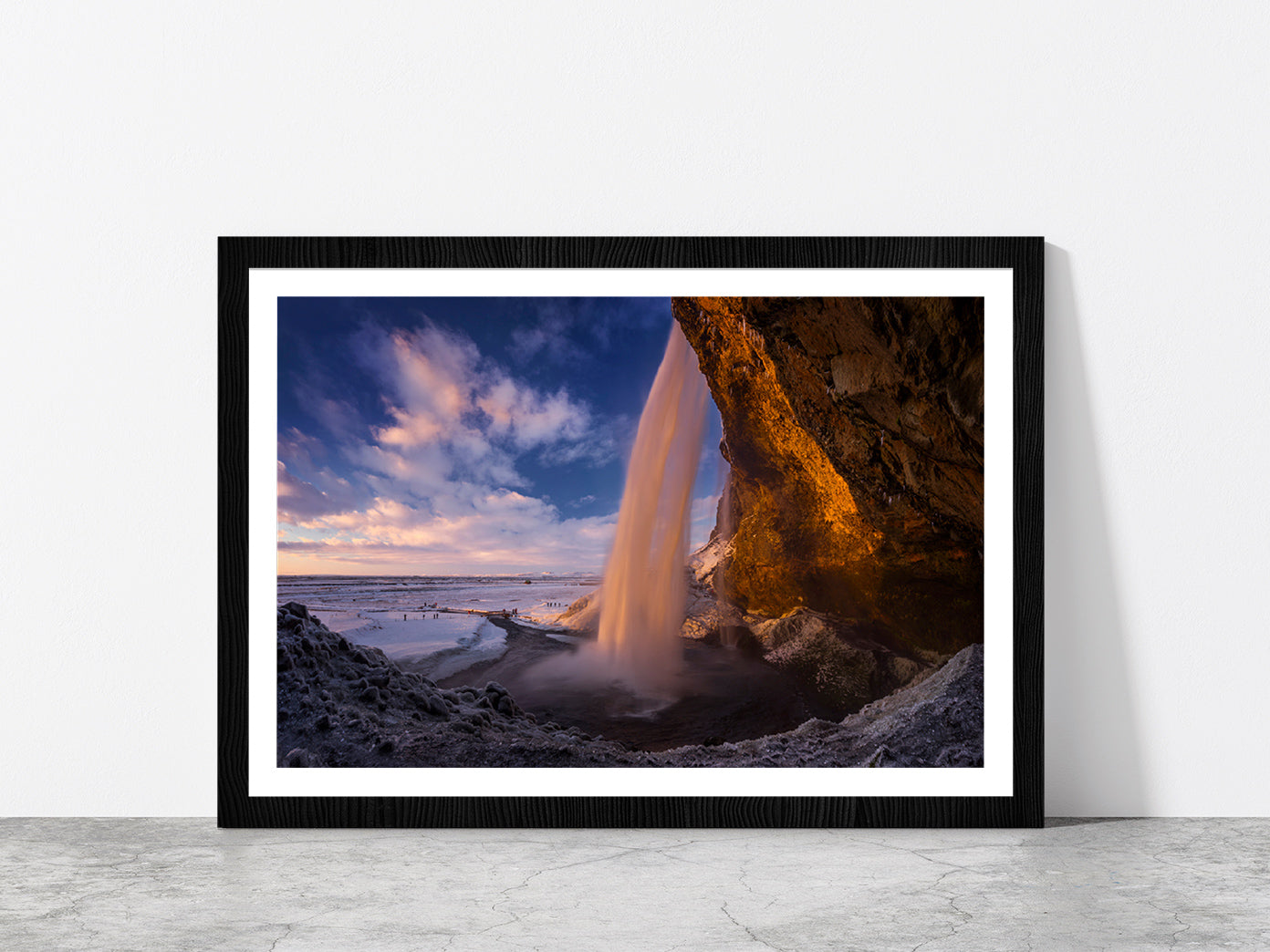 Sunset In Cave Behind Waterfall Glass Framed Wall Art, Ready to Hang Quality Print With White Border Black