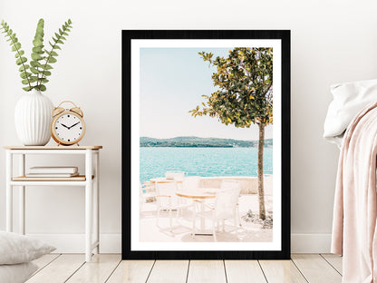 Resort Table & Tree near Beach Photograph Glass Framed Wall Art, Ready to Hang Quality Print With White Border Black