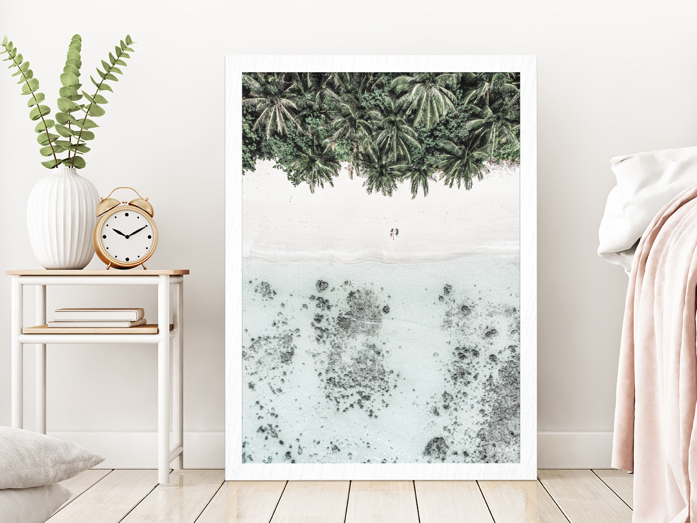 Palms & Seashore Aerial View Photograph Glass Framed Wall Art, Ready to Hang Quality Print Without White Border White