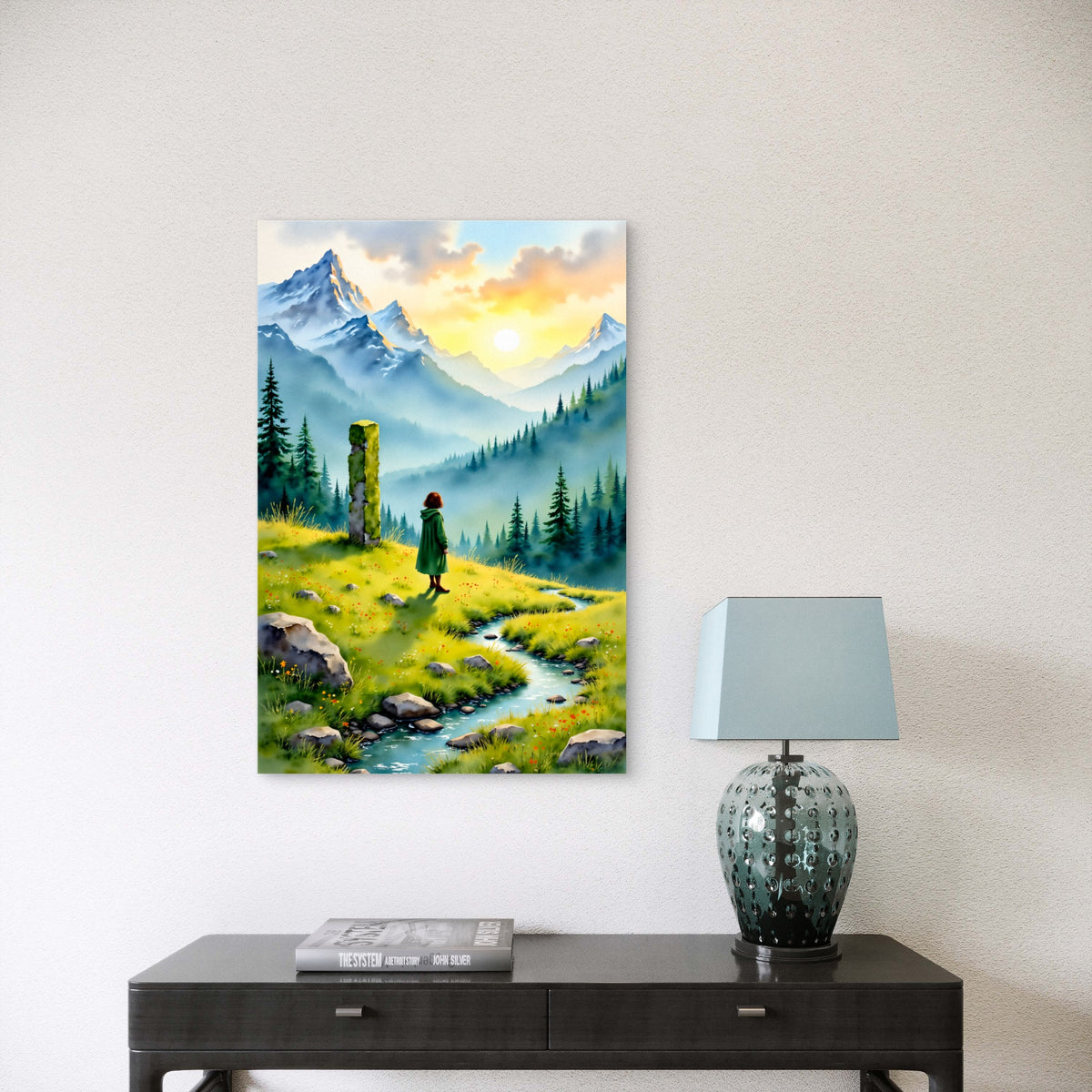 Girl at Green Alpine Valley 40x60cm Metal Print Ready to Hang