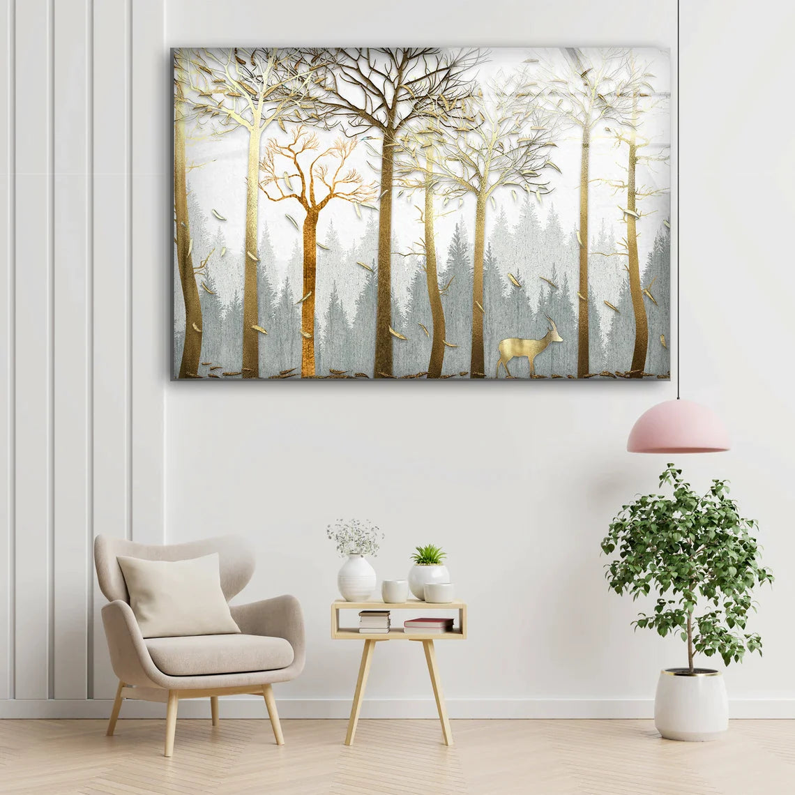 Trees & Deer Gold 3D UV Direct Aluminum Print Australian Made Quality