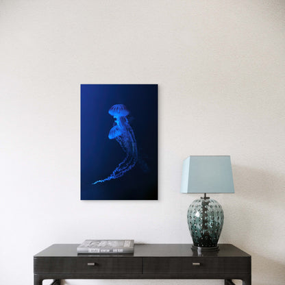 Neon Blue Jellyfish Deep Sea Glow 40x60cm Metal Print Ready to Hang