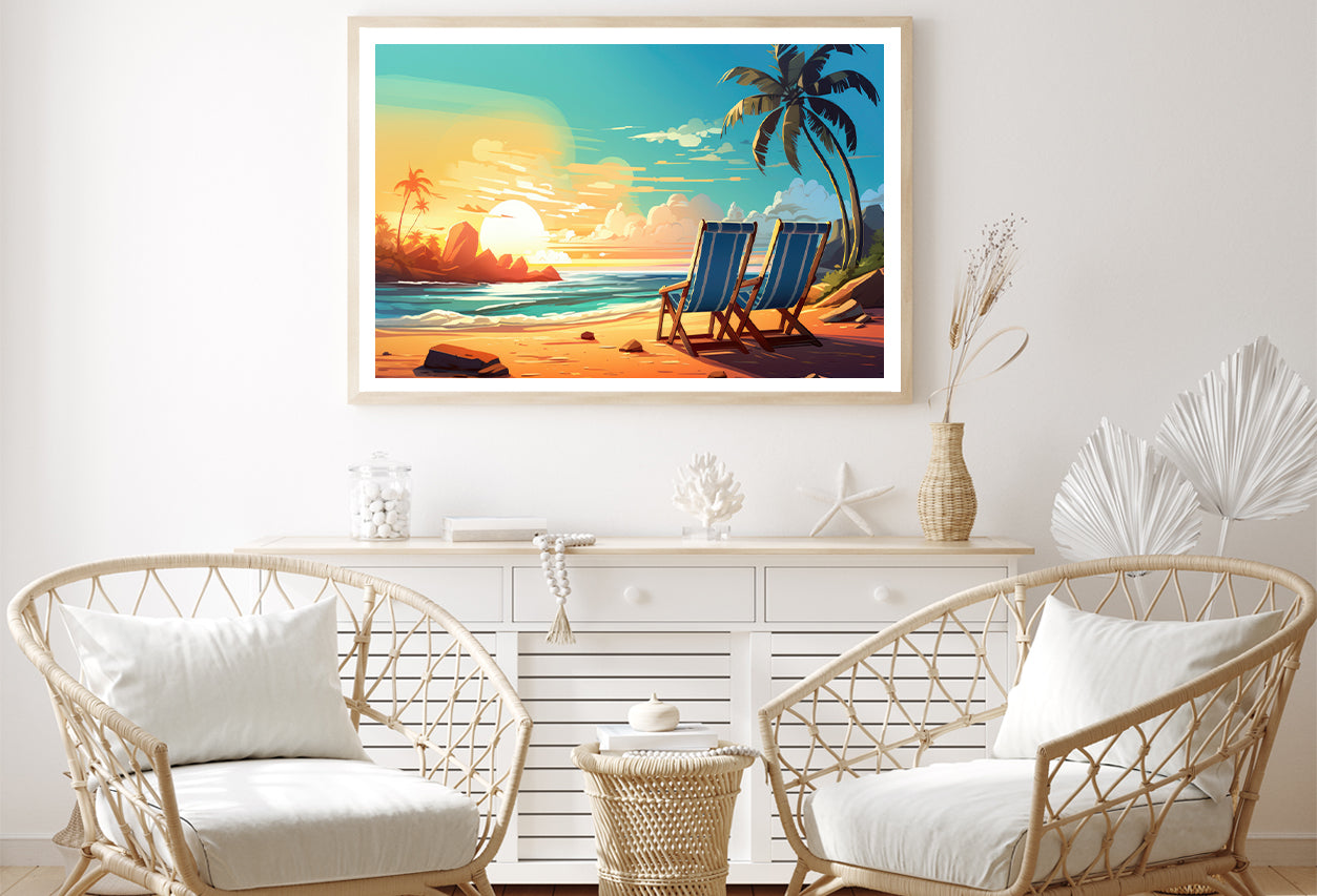 Chairs on a Beach with Palm Trees and the Ocean Home Decor Premium Quality Poster Print Choose Your Sizes