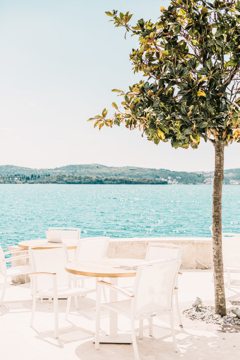 Resort Table & Tree near Beach Photograph Glass Framed Wall Art, Ready to Hang Quality Print