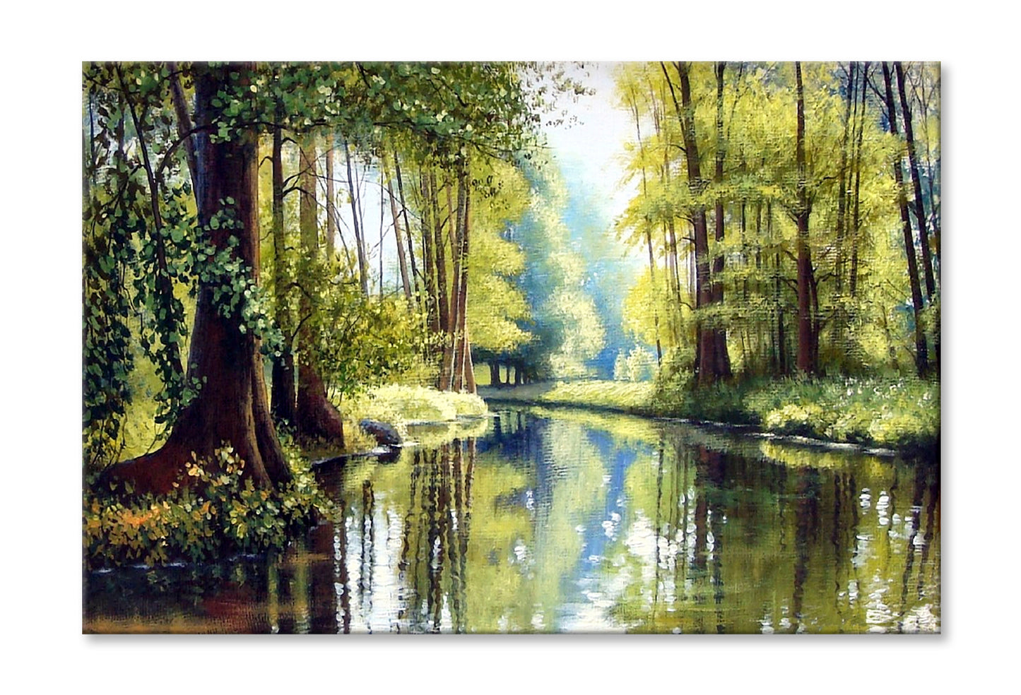 Forest River & Green Trees Watercolor Painting Wall Art Limited Edition High Quality Print Stretched Canvas None