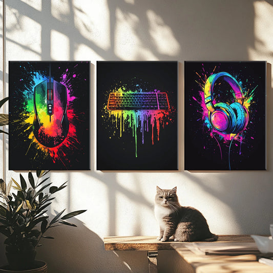 3pcs Neon Game Console Fantasy Metal Print Ready to Hang Art