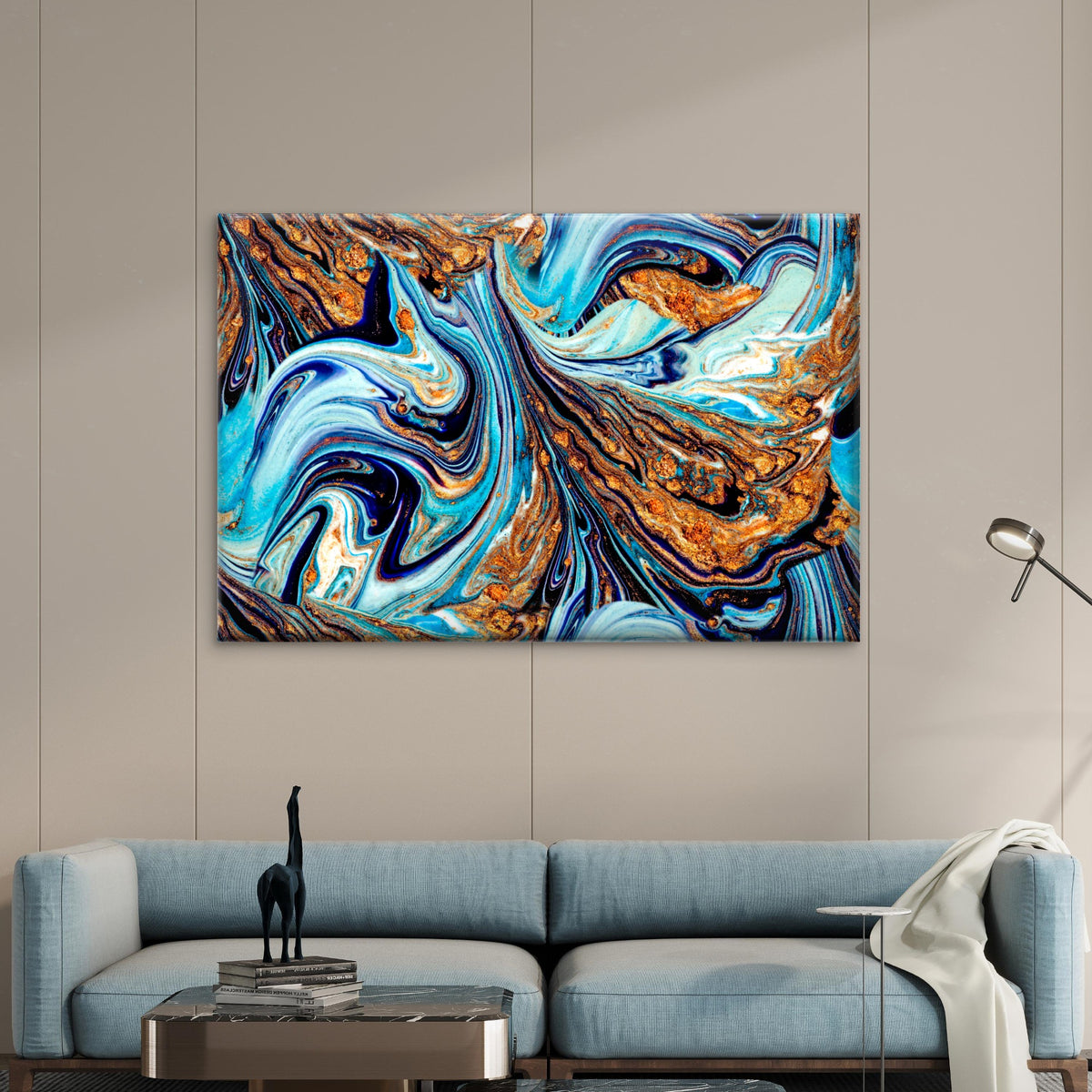 Blue Gold Marble Fluid Flow Abstract Wall Art Decor 100% Australian Made