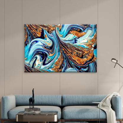 Blue Gold Marble Fluid Flow Abstract Wall Art Decor 100% Australian Made