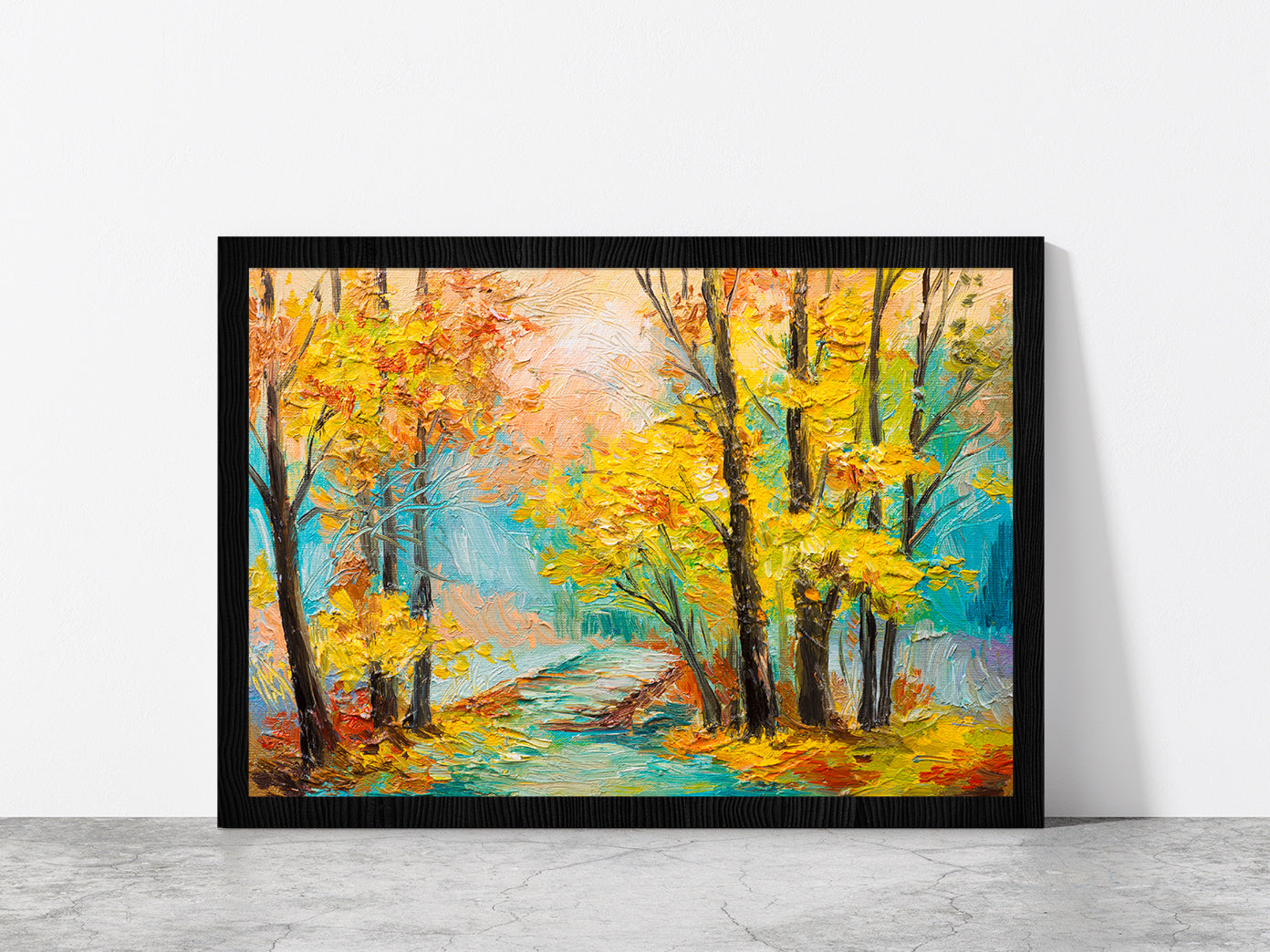 Yellow Trees With Autumn Forest Glass Framed Wall Art, Ready to Hang Quality Print Without White Border Black