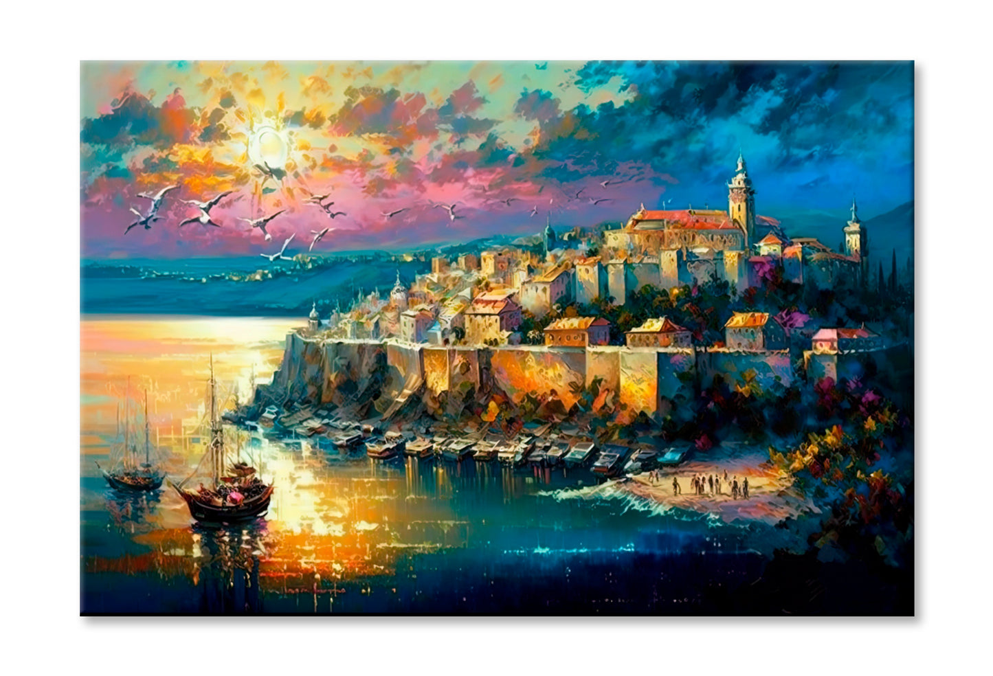 Big Old City Illustration Oil Painting Wall Art Limited Edition High Quality Print Stretched Canvas None