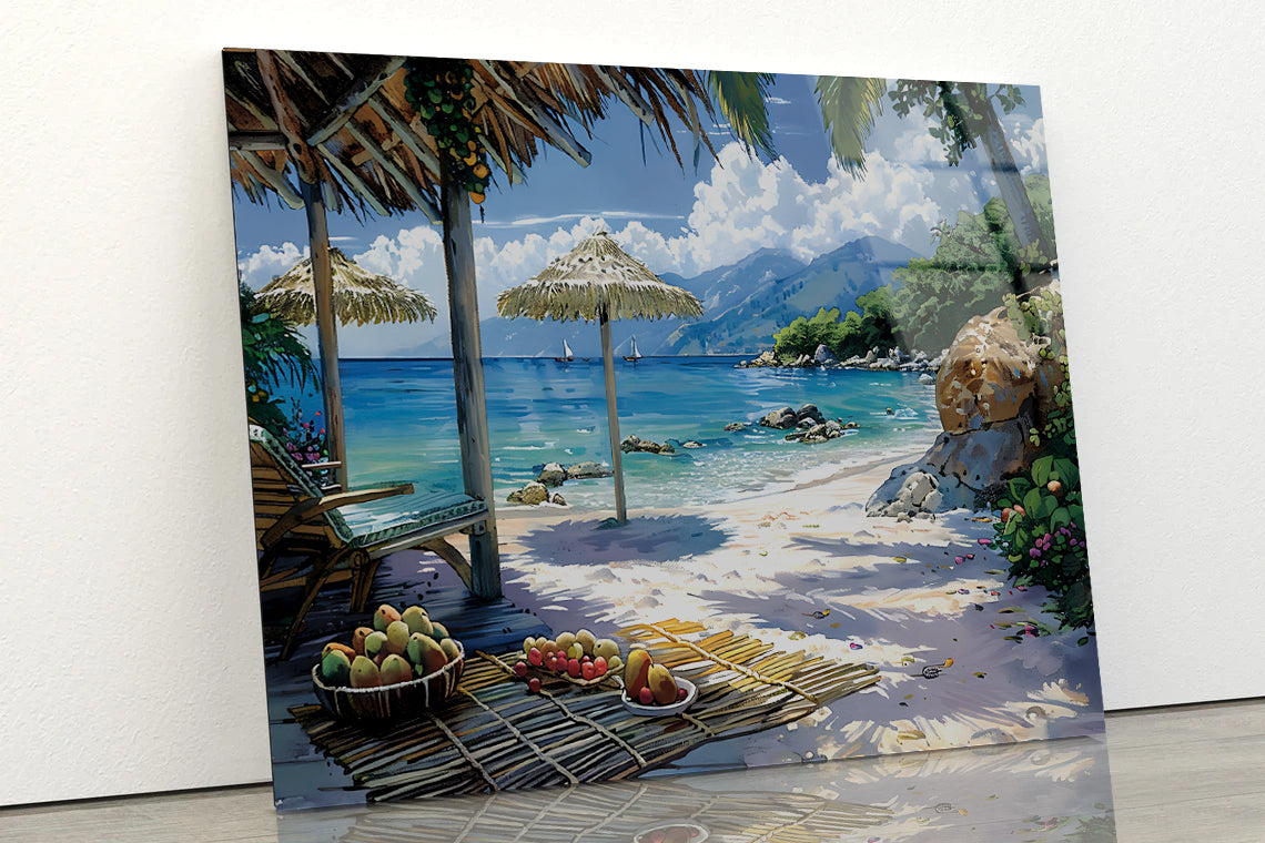 Beach with Umbrellas & Mountains View Acrylic Glass Print Tempered Glass Wall Art 100% Made in Australia Ready to Hang