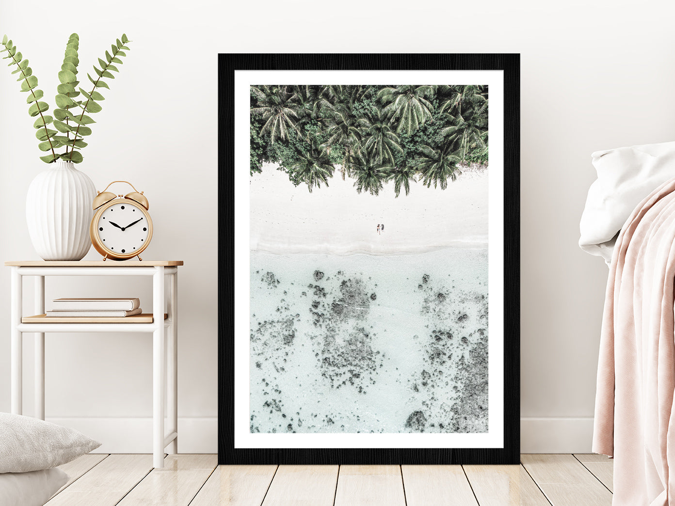 Palms & Seashore Aerial View Photograph Glass Framed Wall Art, Ready to Hang Quality Print With White Border Black