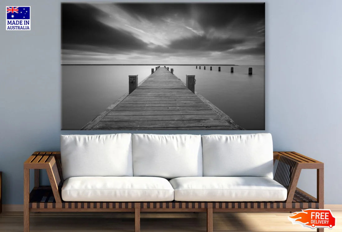 Wooden Pier Over Sea B&W View 90x60cm Print 100% Australian Made