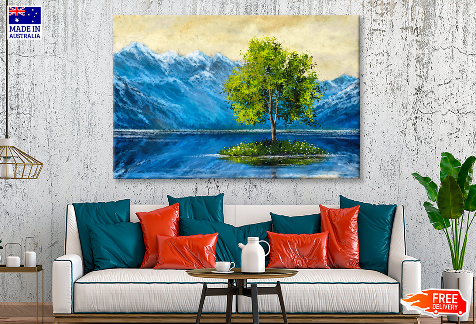 Alone Tree on Lake & Mountains Oil Painting Wall Art Limited Edition High Quality Print