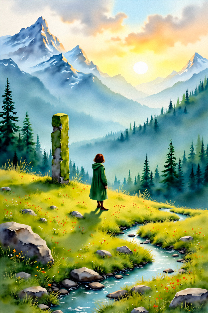 Girl at Green Alpine Valley 40x60cm Metal Print Ready to Hang