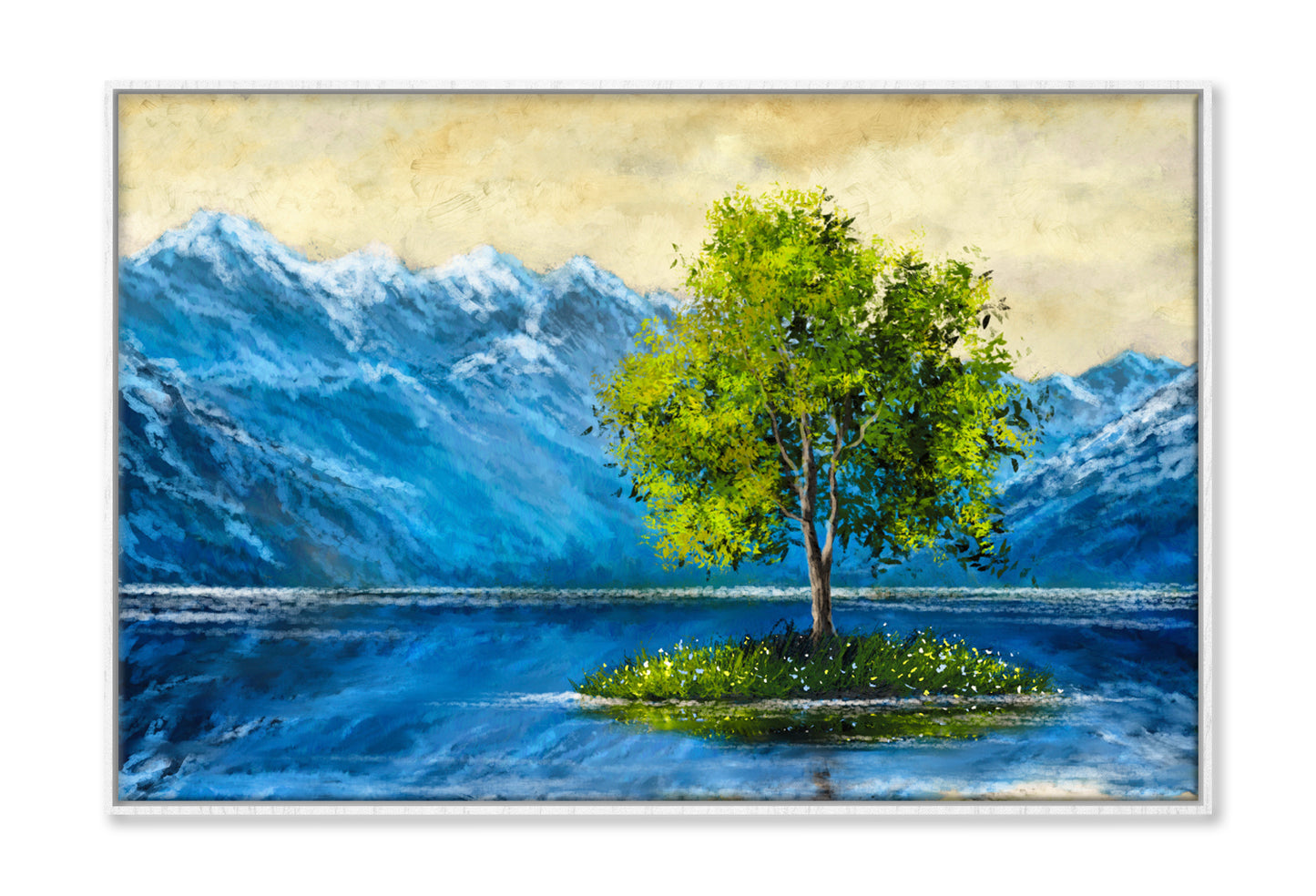 Alone Tree on Lake & Mountains Oil Painting Wall Art Limited Edition High Quality Print Canvas Box Framed White