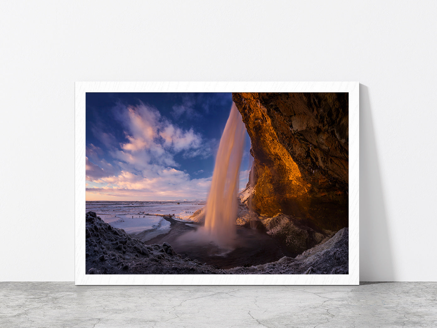 Sunset In Cave Behind Waterfall Glass Framed Wall Art, Ready to Hang Quality Print Without White Border White