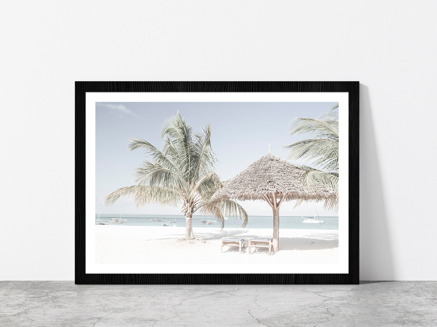 Palm Trees & Beach Hut with Chairs near Beach Glass Framed Wall Art, Ready to Hang Quality Print With White Border Black