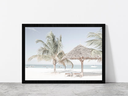 Palm Trees & Beach Hut with Chairs near Beach Glass Framed Wall Art, Ready to Hang Quality Print Without White Border Black