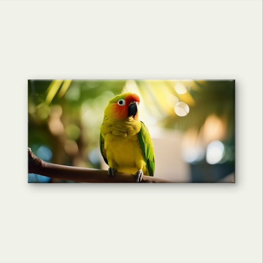 Tropical Green Yellow Parrot Bird Perched Branch Wall Art Canvas Office Home Framed 120x60cm
