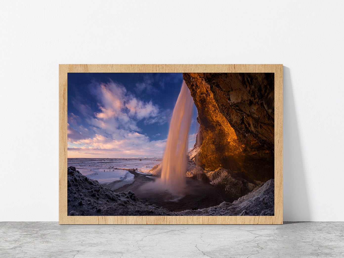 Sunset In Cave Behind Waterfall Glass Framed Wall Art, Ready to Hang Quality Print Without White Border Oak