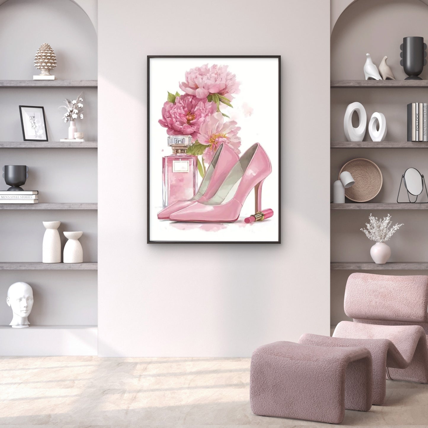 Pink High-Heel Shoes and Perfume Bottles Floral Fashion Home Decor Premium Quality Poster Print Choose Your Sizes