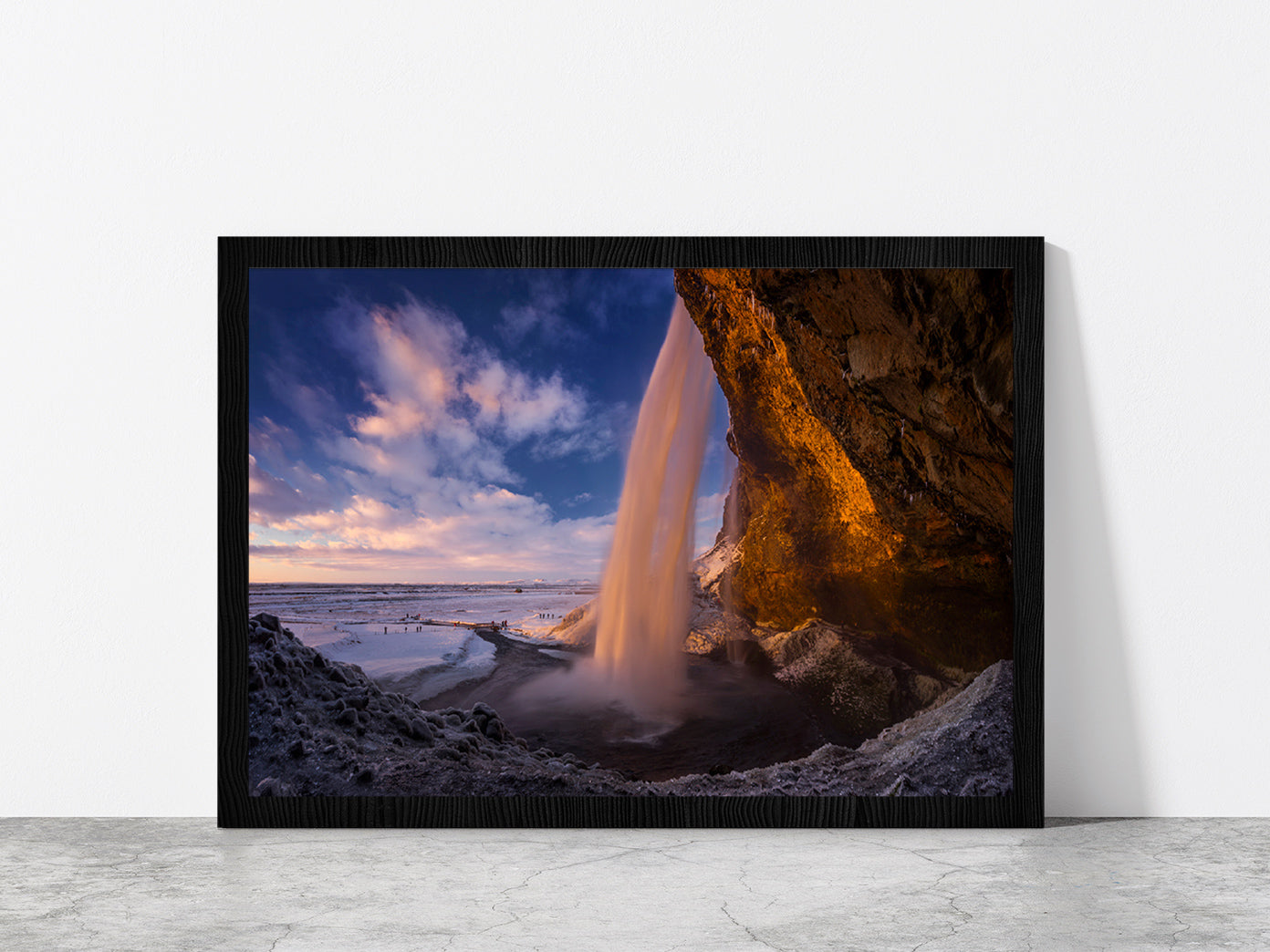 Sunset In Cave Behind Waterfall Glass Framed Wall Art, Ready to Hang Quality Print Without White Border Black